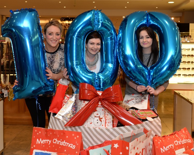 Pictured helping gather all the 100 Christmas gifts donated by the 100 staff of Brown Thomas for 100 children in the services of the ISPCC are L/R Orla Griffin, Siobhan Walsh and Adriana Taheny of Brown Thomas Galway